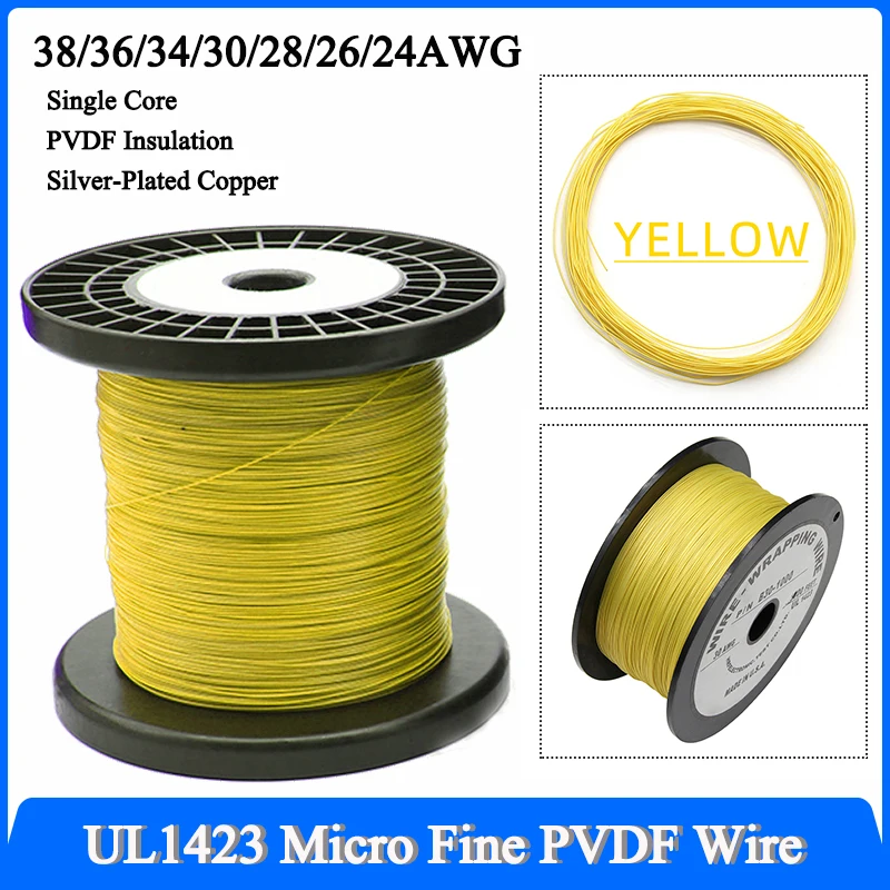 5~500M Yellow UL1423 Micro Fine PTFE Wire 38/36/34/30/28/26/24AWG High Temperature Silver Plated Copper Single Core Cable