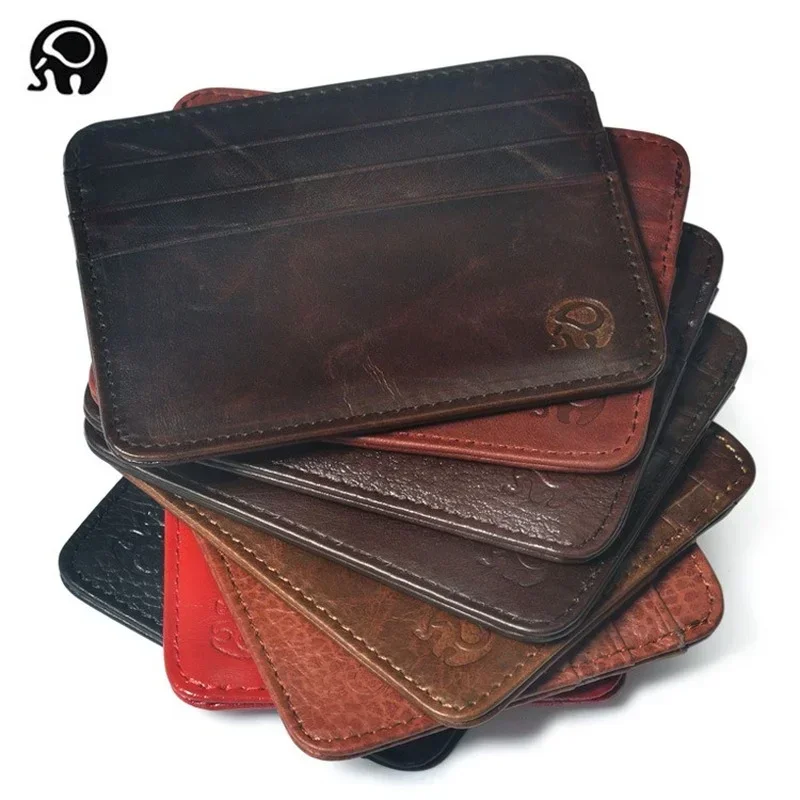 Vintage First Layer Cowhide Leather Thin Bank Credit Card Holder Short Wallet With 7 Card Slots Super Slim Coin Purse