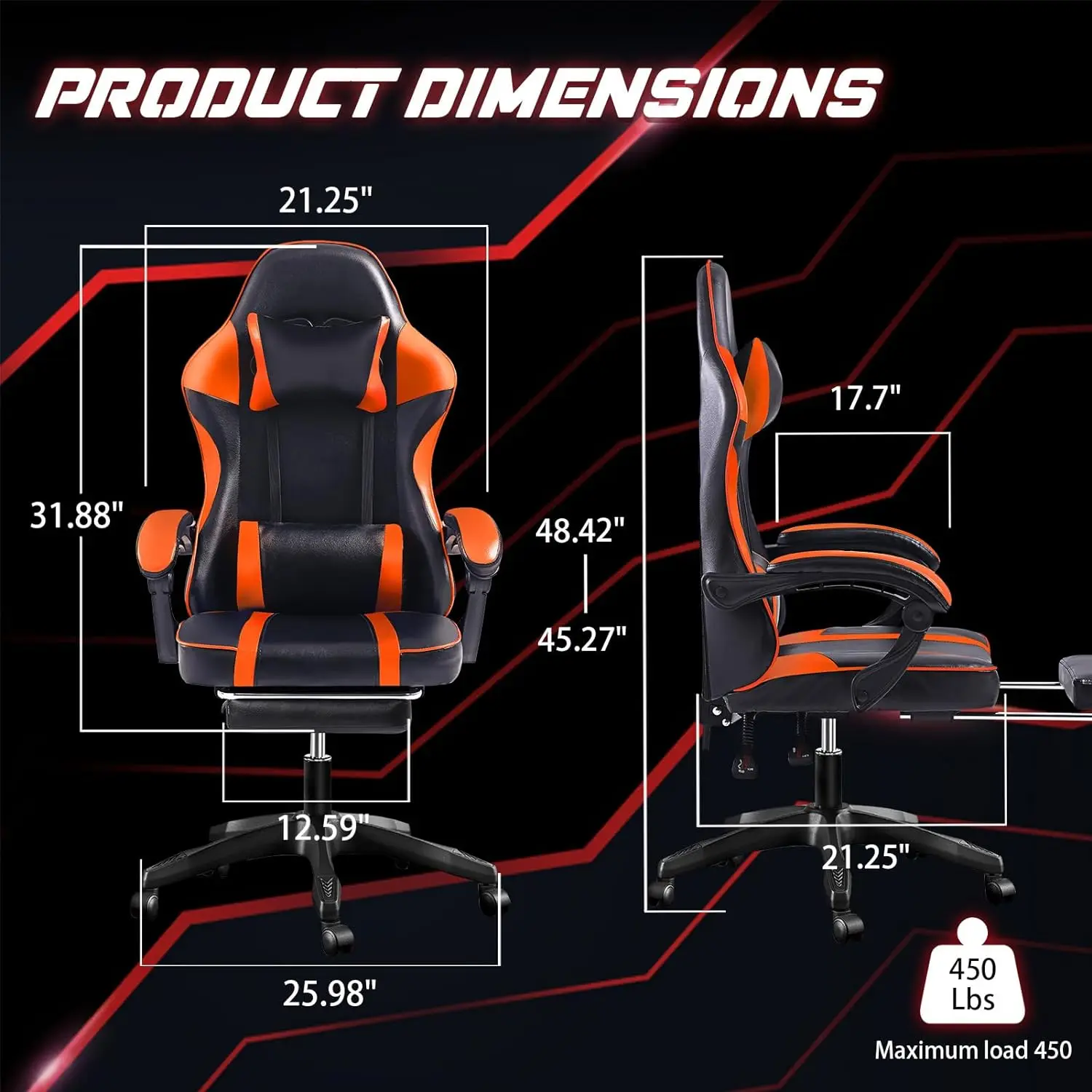 Adjustable Orange Lift Gaming Chair with Revolving Feature Synthetic Leather Material Stainless Steel Lumbar Pillow Footrest