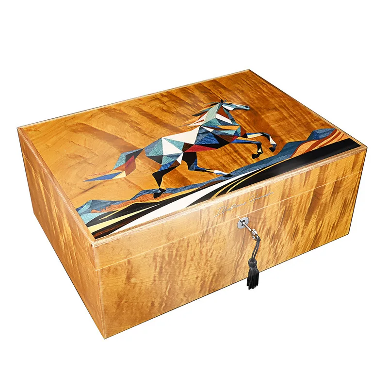 2026 Year of the Horse Limited Edition Handmade Inlaid Cigar Moisturizer, Piano Lacquered Cedar  Alcoholizing Box