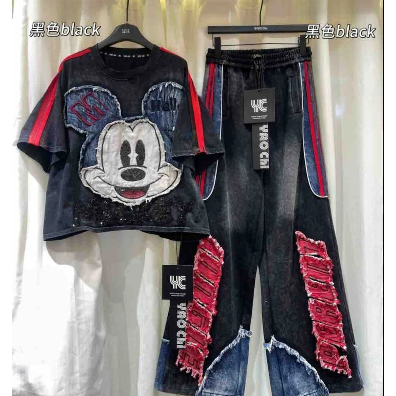 

Fashionable 2026 New Spring Autumn Loose Straight Jeans Colorblock Trendy Elastic Waist Embroidery Letters Wide Leg Denim Pants