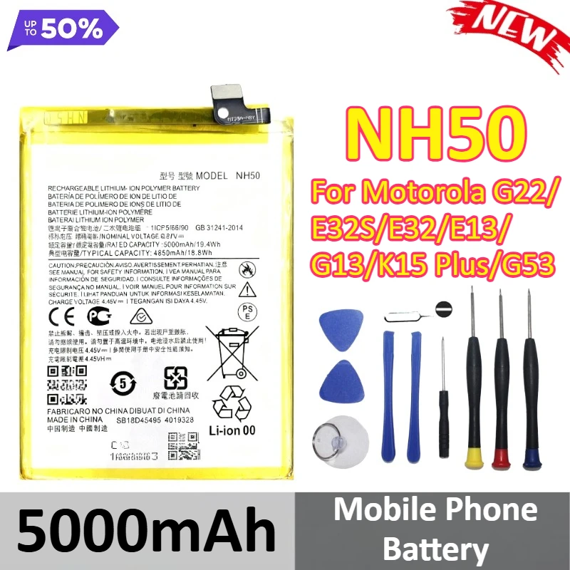 

New NH50 5000mAh For Motorola G22/E32S/E32/E13/G13/K15 Plus/G53 Mobile Phone Battery +Tools