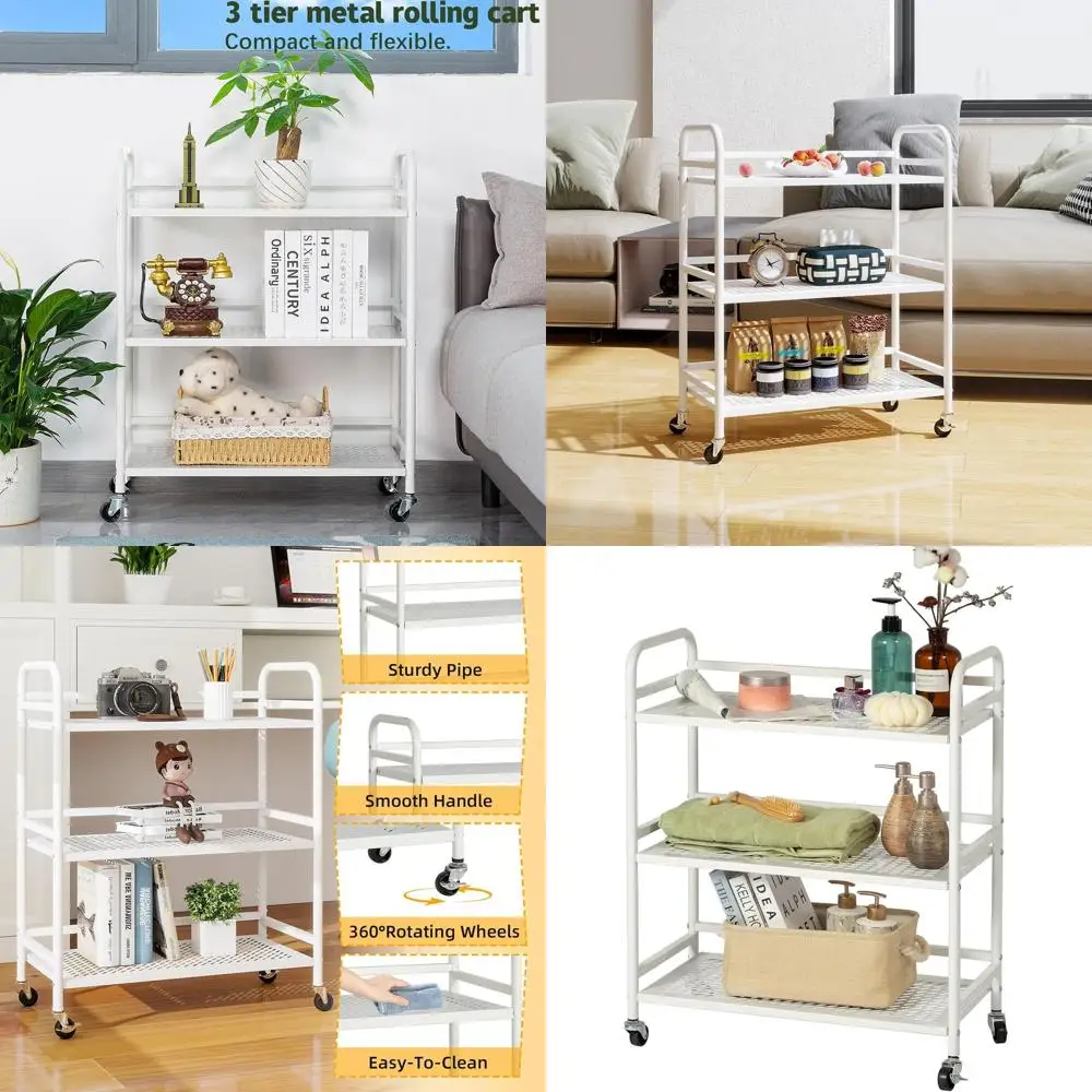 

3-уровневая сетчатая тележка на колесиках, вместимость 40 фунтов на ярус, запираемые колеса, подходит для дома, офиса и многого другого (белая)