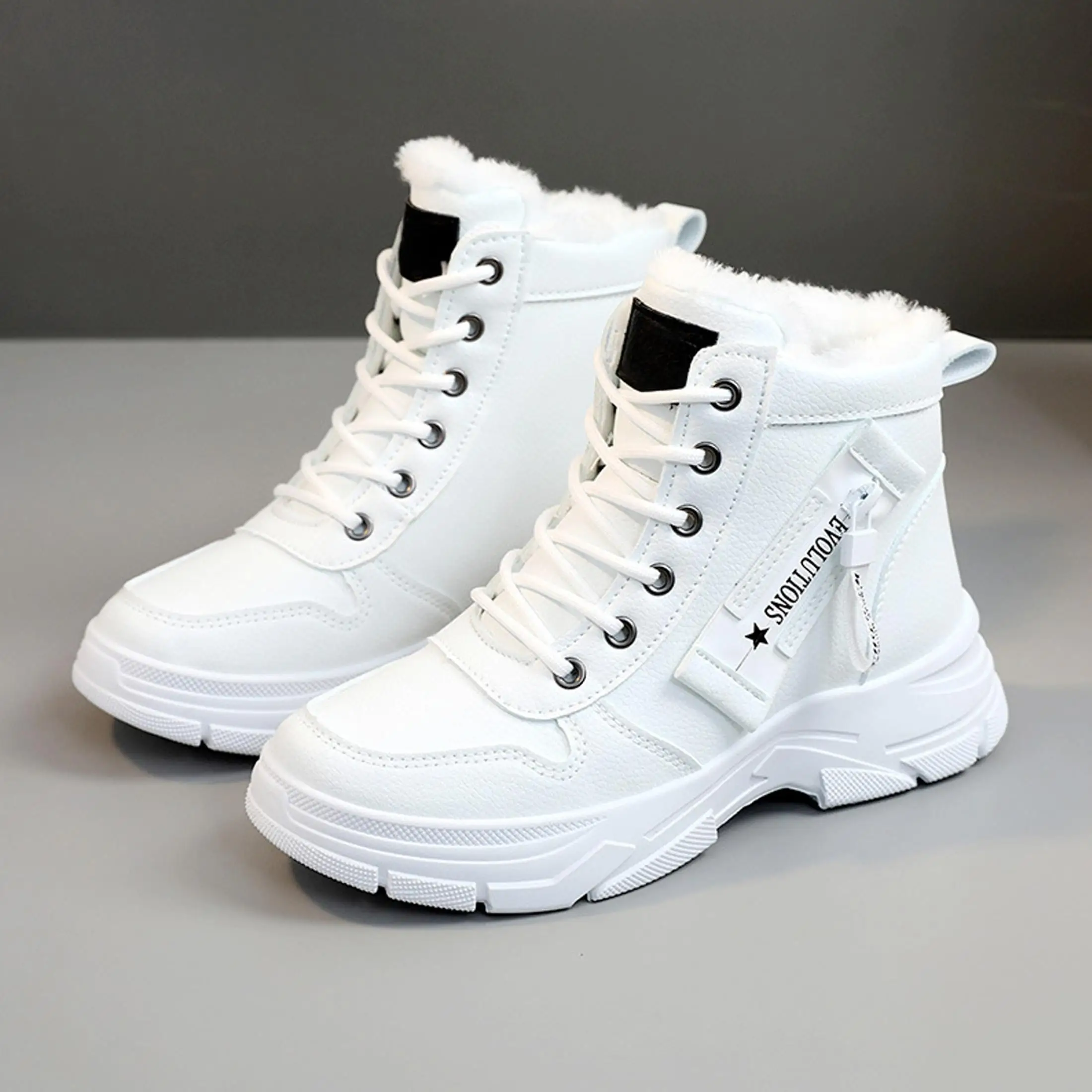 Warm Plush Lined White High Tops for Women Casual Platform Winter Sneakers Sports Shoes Athletic