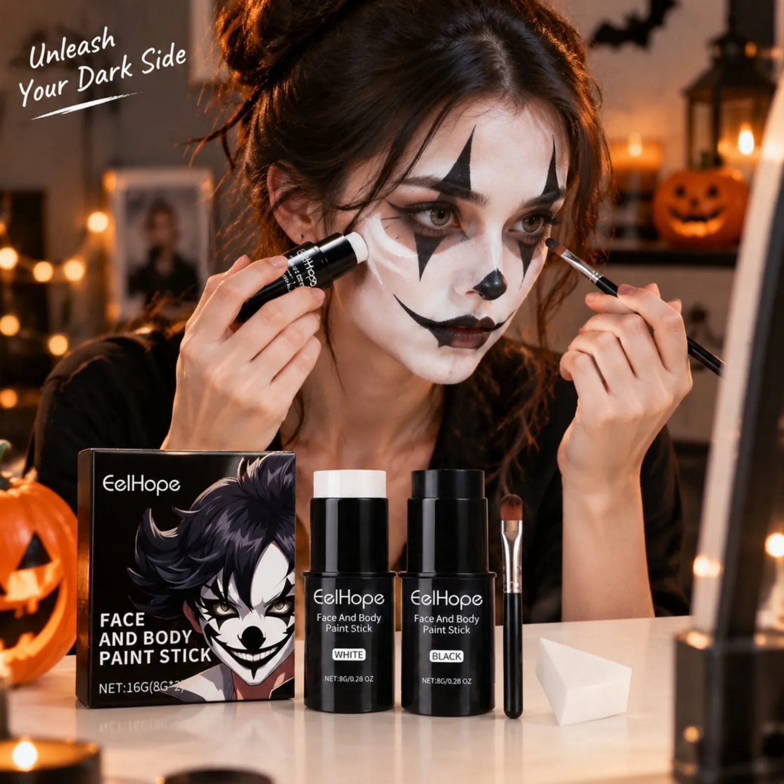 Halloween Black White Face Body Paint Stick Set Full Coverage Foundation Makeup Clown Cosplay Party Festive Makeup Art Craft Use