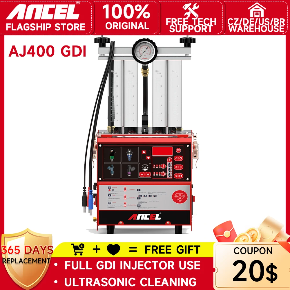 ANCEL AJ400 GDI Car Fuel Injector Tester Cleaner Car & Motorcycle 4-Cylinders Ultrasonic Heating Cleaning Machine Cleaner Tools