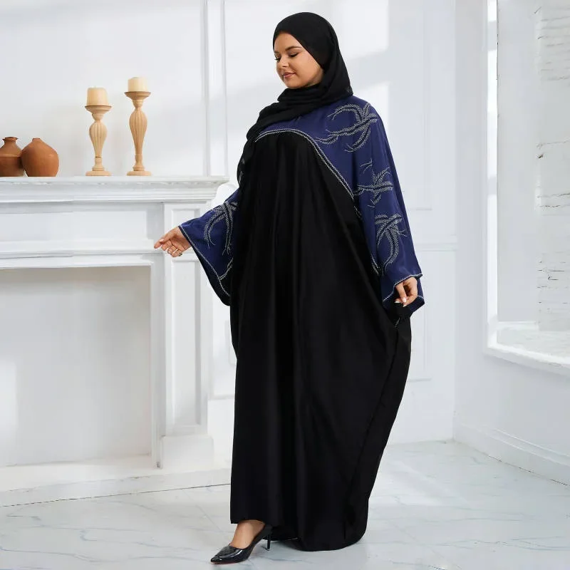 Gowns Plus Size Muslim Dress Women Summer Autumn Muslim Long Sleeve Patchwork Diamonds Rhinestone Robes Abaya with Scarf Outfits