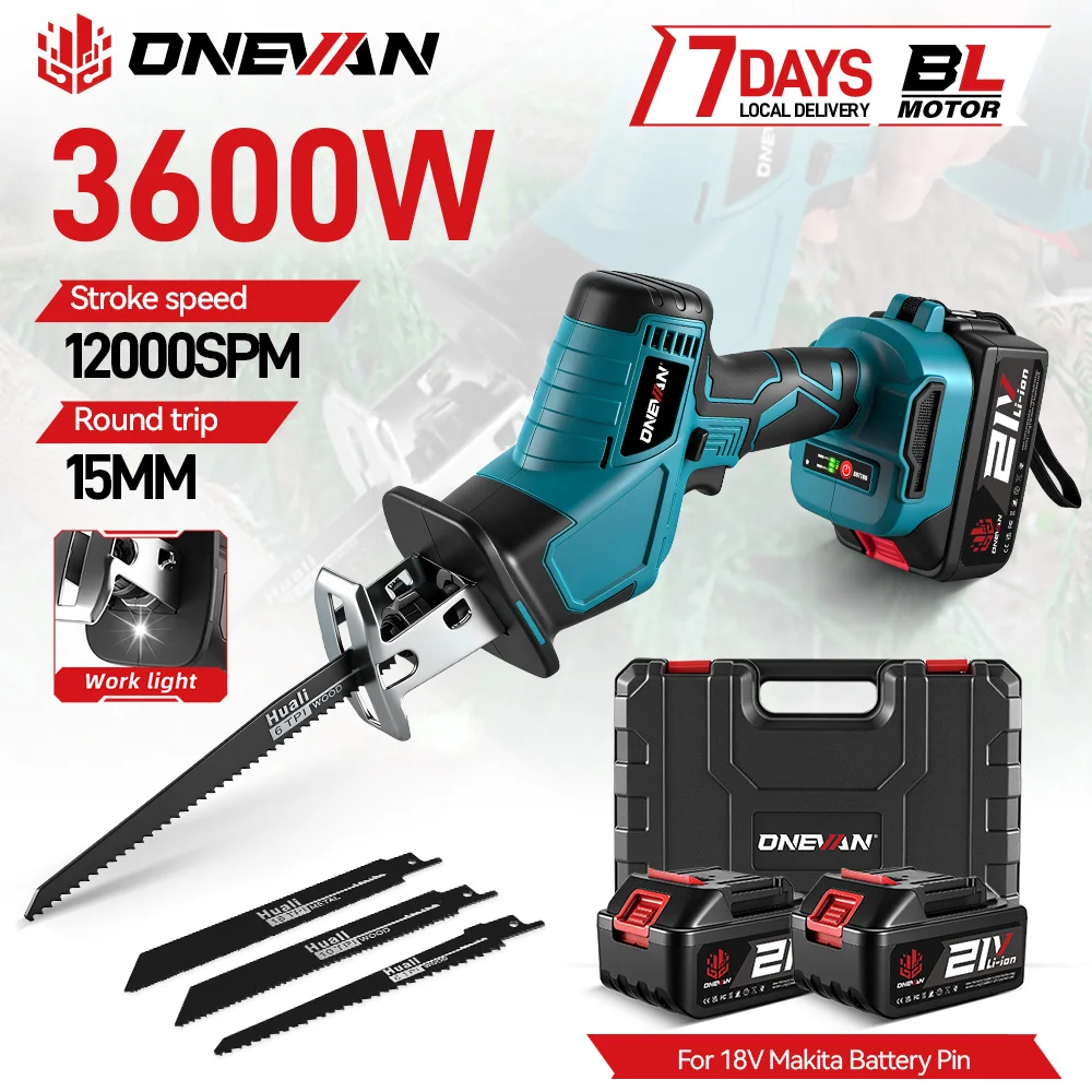 Sierra Recíproca Eléctrica Inalámbrica ONEVAN de 3600W, 12000SPM, Herramienta Eléctrica para Cortar Tuberías Metálicas, Compatible con Batería Makita de 18V
