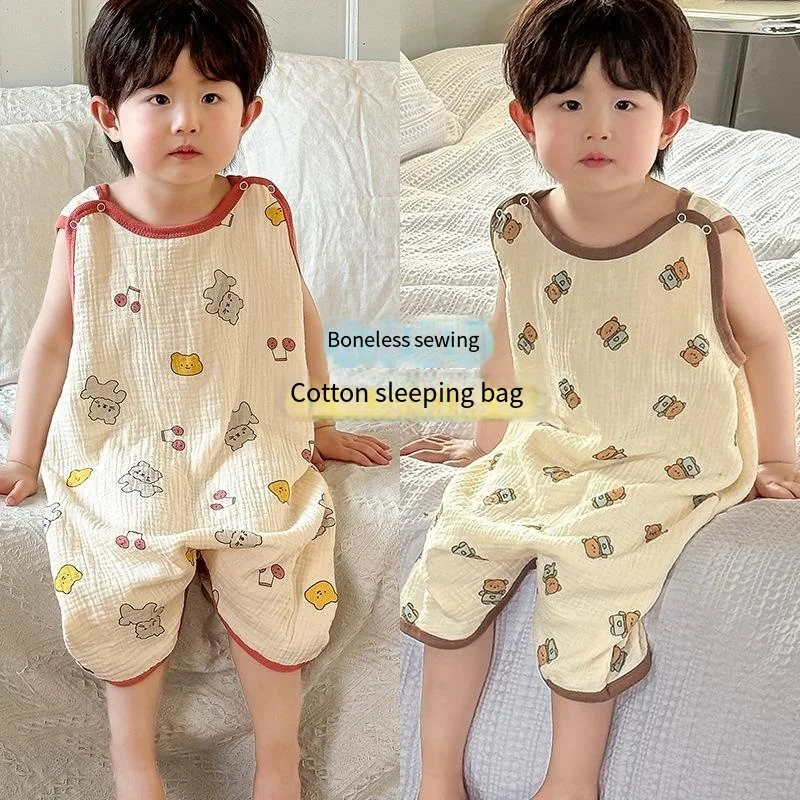 Summer Thin Baby Sleeping Bag Pure Cotton Gauze Boneless Class Children's Belly Protection Kick Resistant Blanket Sleepers 2024