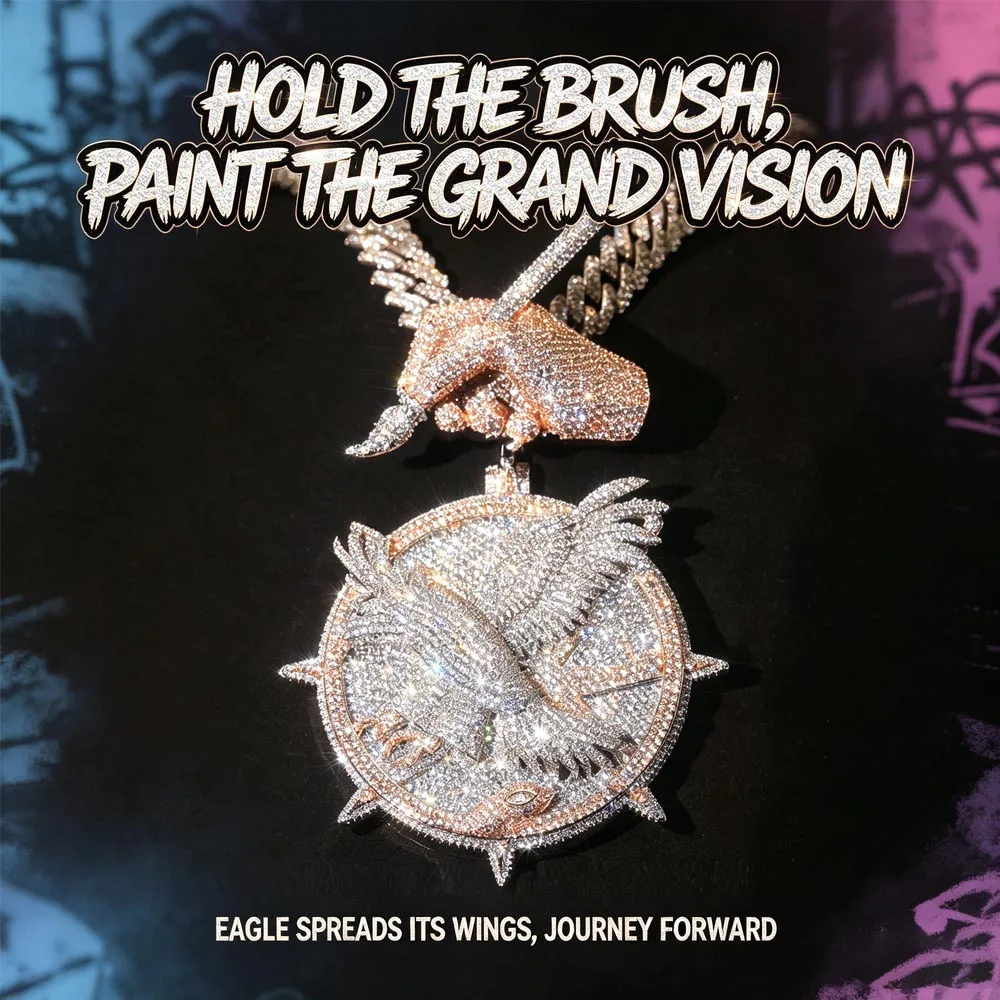 18K Gold Plated Men Hip Hop Pendant Iced Out Hand Paintbrush Eagle Compass Design Bling Charm Sparkling CZ Cuban Necklace Pendants Street Sinnger Rapper Creator Artist Jewelry Accessories Fine Jewelry Gifts for Men Boy Friends