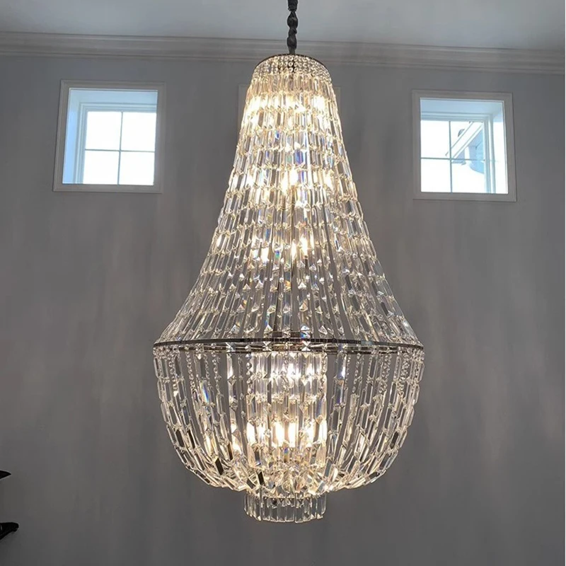 

Duplex Villa Living Room Crystal Chrome Large Chandelier Light Luxury High Ceiling Empty Floor Lamp Staircase Long Chandelier