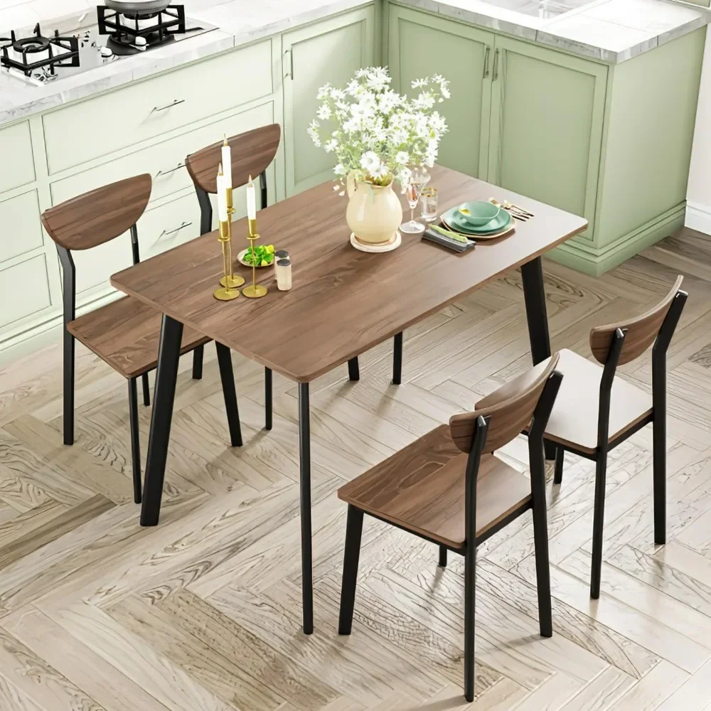 

Kitchen Dining Table Set for 4, Modern Rectangular 5 Piece Dining Room Table and Chairs Set, Brown wooden Metal Table Set