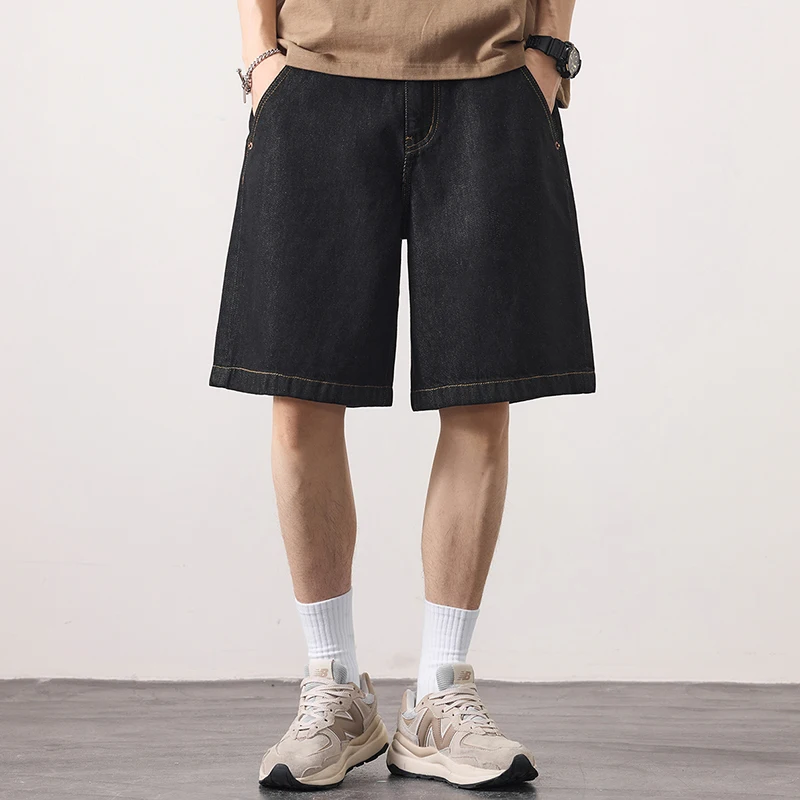 

Summer Washed Raw Color Denim Shorts for Men Loose-fit Straight Wide-leg Casual Mid-length Short Jeans Lightweight Plus Size 40