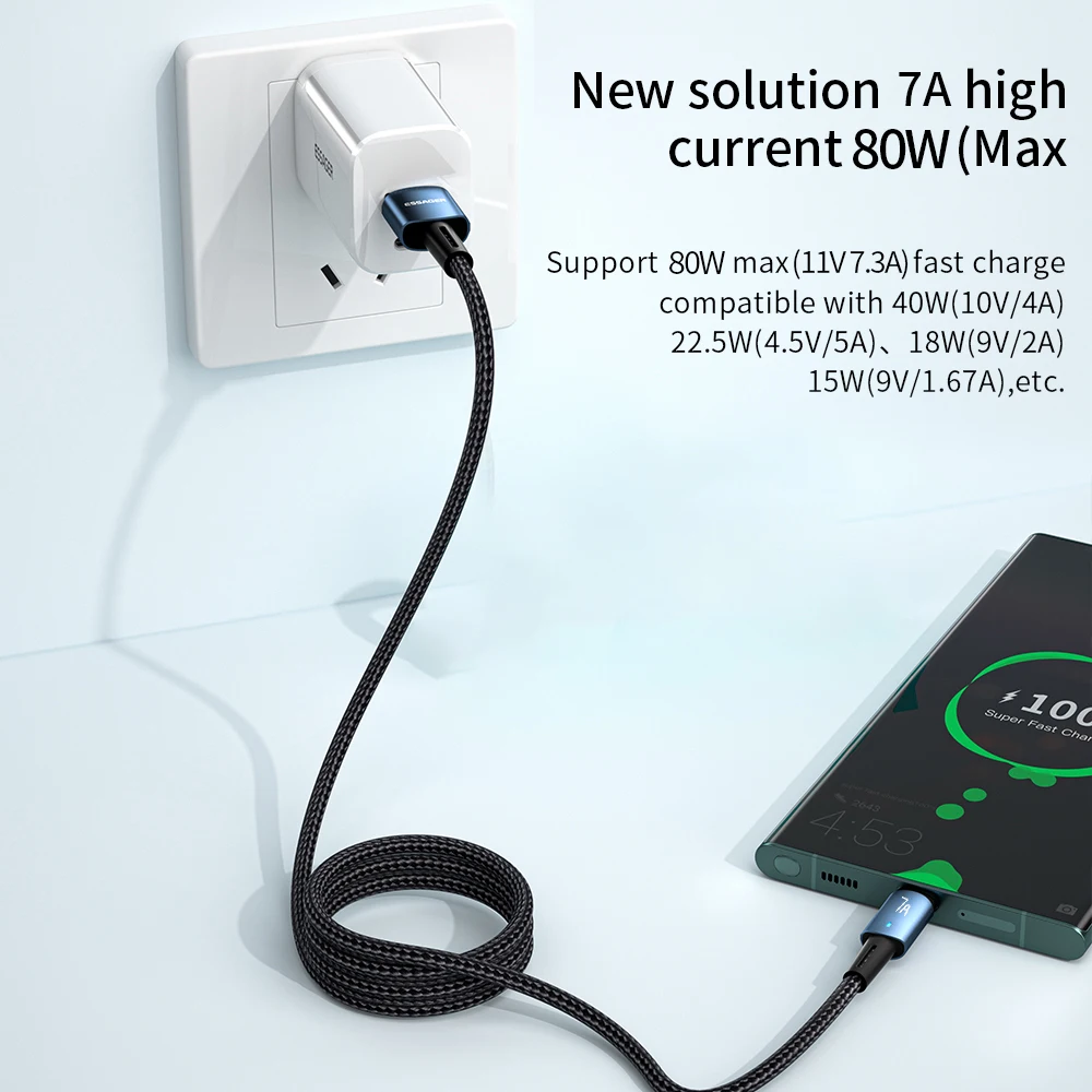 Essager 7a 100w usb tipo c cabo 100w fio de carregamento rápido para oppo oneplus huawei p40 p30 samsung realme usb c carregador cabo dados