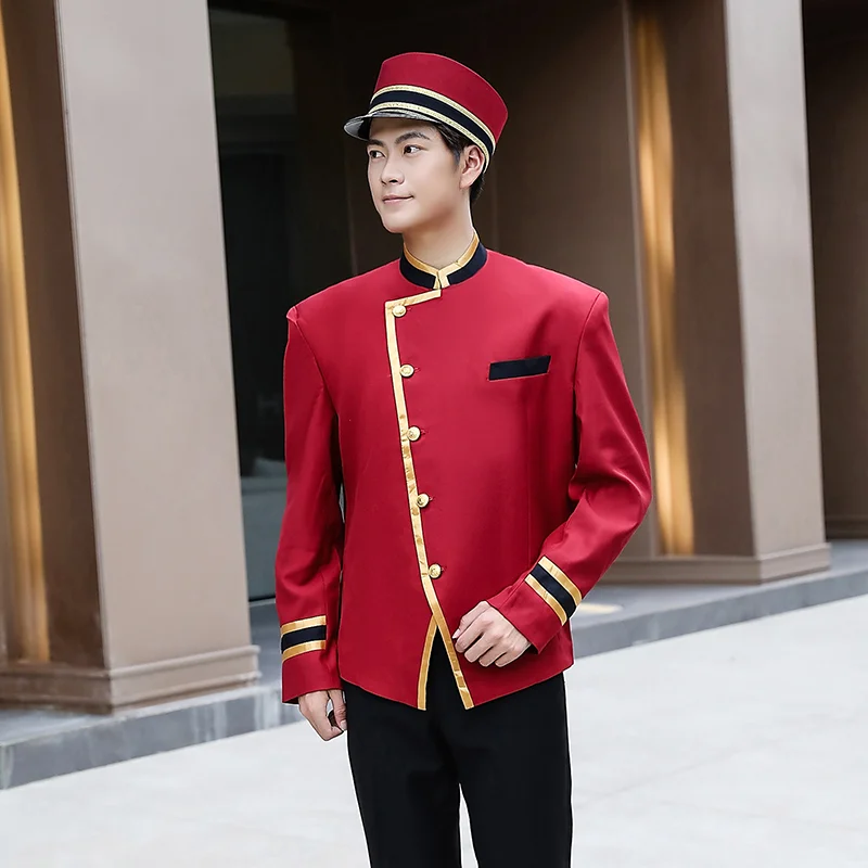 Roter Hotel-Empfangshut für Männer, Chef, Türsteher, Zylinder, Arbeitsuniform, Restaurant, Hotel, Kellnermütze