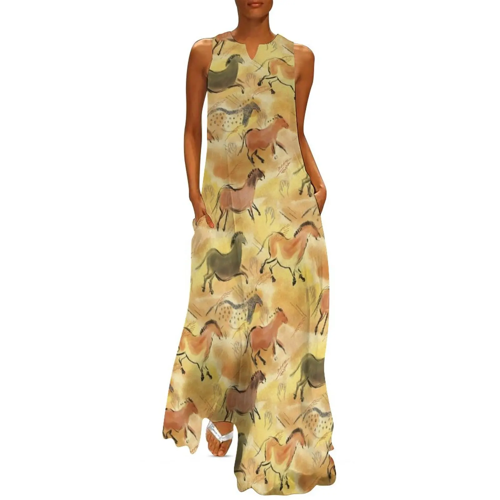 

Paleolithic Cave Horses in Sienna Brown Yellow and Black Long Dress long dress women Dress