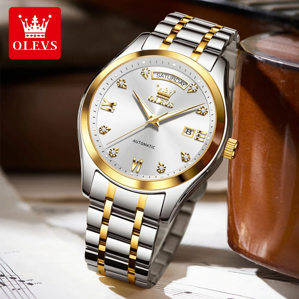 OLEVS 6752 Automatic Mechanical Watch Men Luxury Business Stainless Steel Wristwatch Waterproof Diamond Dial Day Date Clock