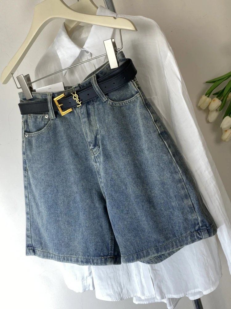 

Retro Casual Versatile High Waist Loose A-Line Denim Shorts Women Summer New Style Wide Leg Hot Pants Three-Fourths Length