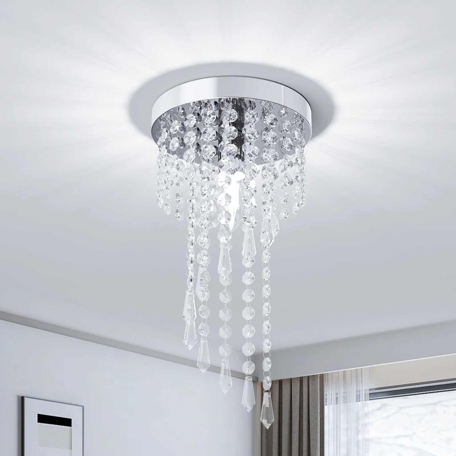 Small Crystal Chandelier, Modern S-Shaped Raindrop Flush Mount Light Fixture, E12 Chrome Beaded Decoration Flush Mount Chandelie