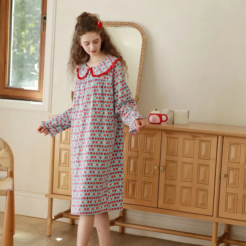 فستان نوم نسائي 100% من القطن المصقول بأكمام طويلة وياقة الدمية الحلوة قمصان نوم مطبوعة تصميم فضفاض ملابس نوم متوسطة الطول