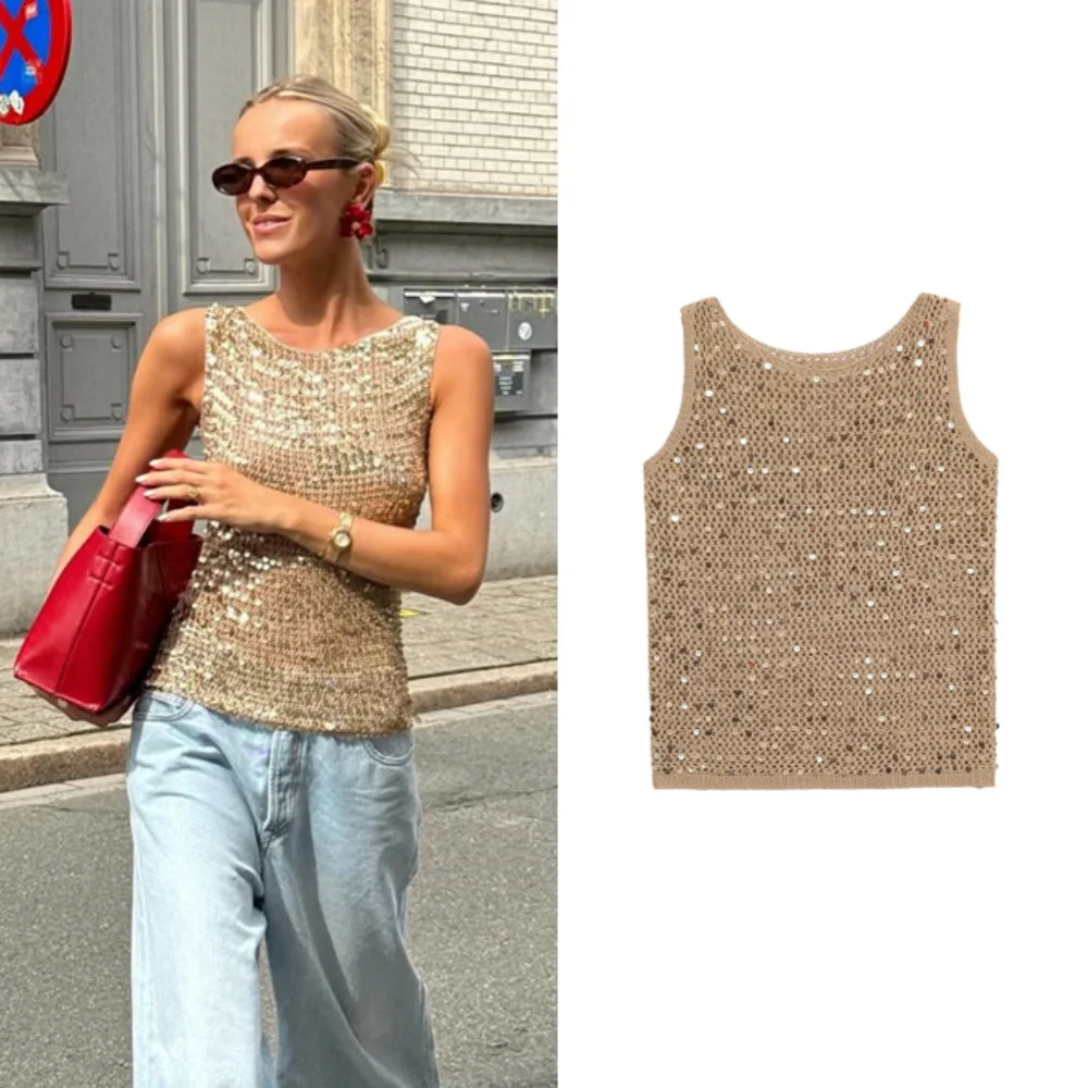 

2025 полые блестки повседневная универсальная темпераментная футболка без рукавов жилет топ летняя новая женская одежда