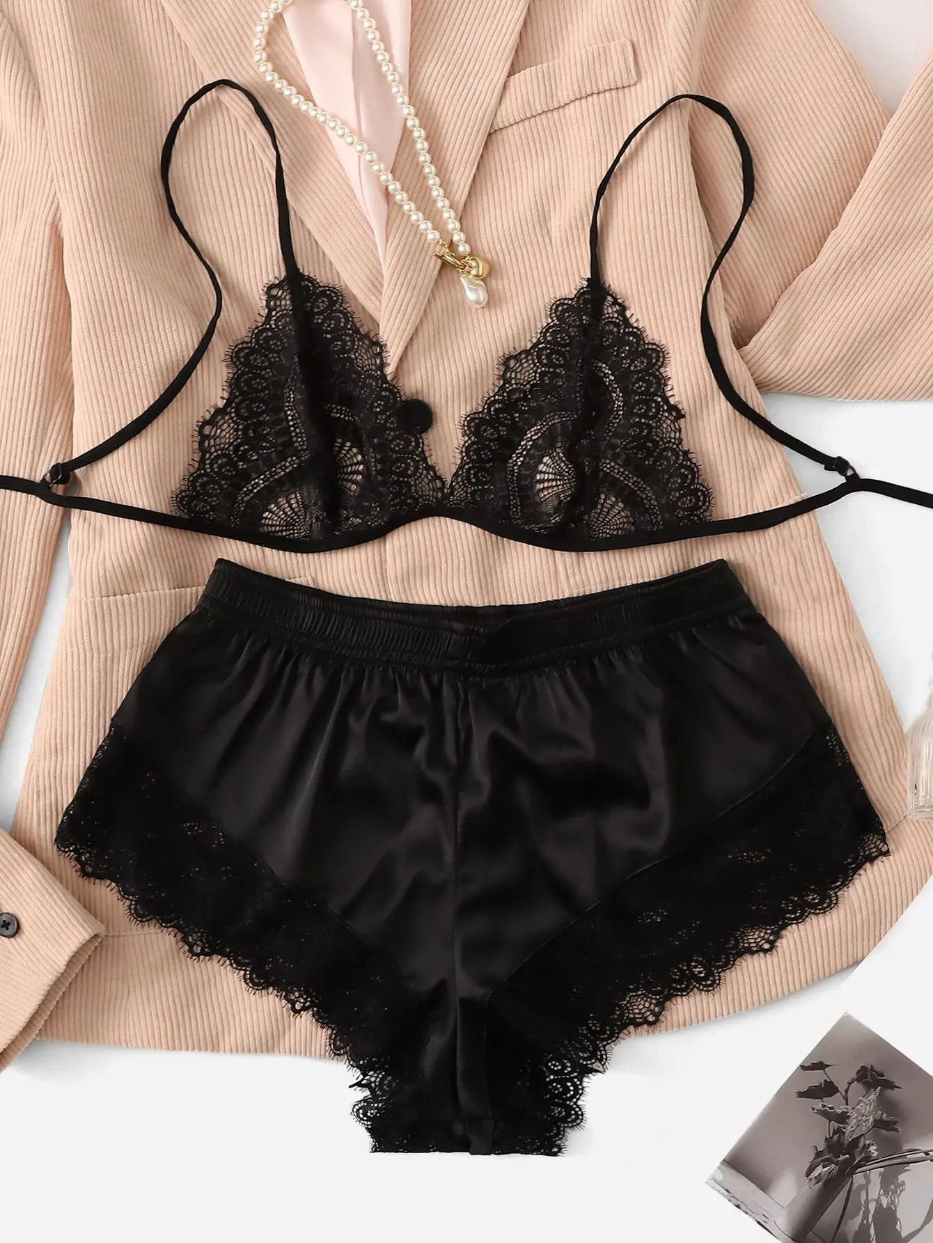 

Black Lace Triangle Bralette and Satin Shorts Pajama Set