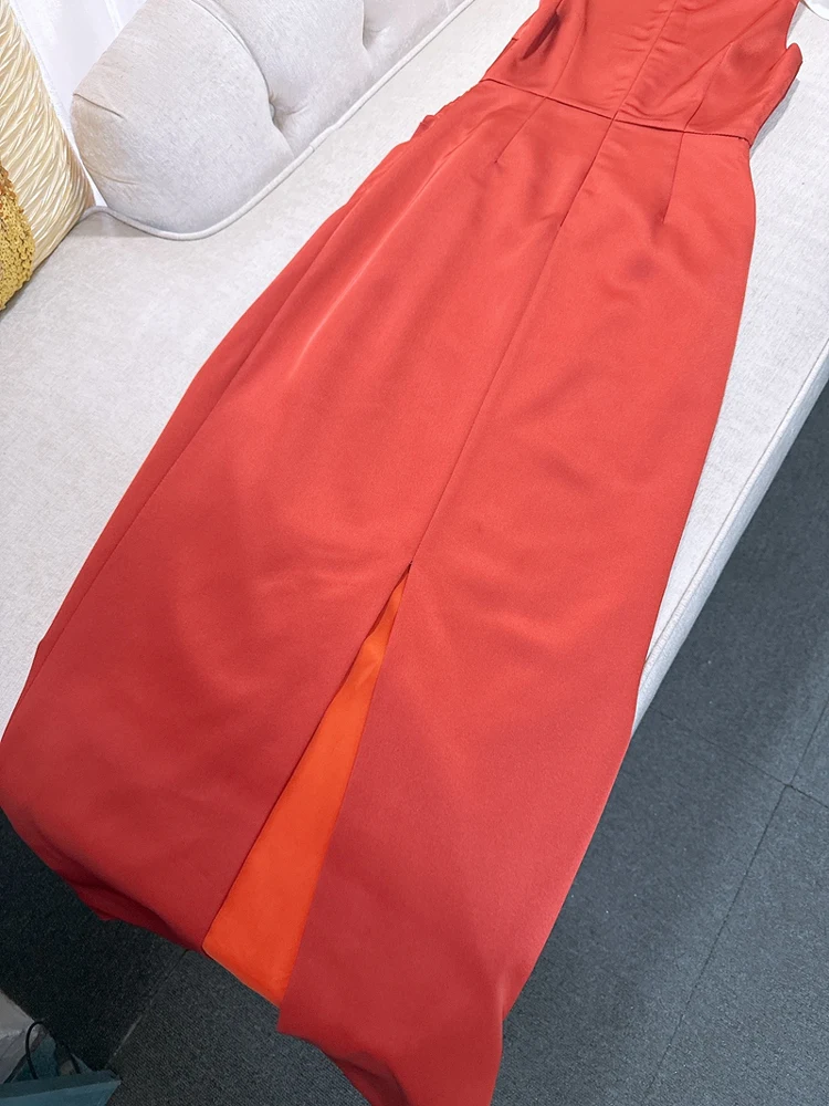 Vestido de Novia Rojo E Estilo Señorita Rica Traje de Cromiso Cintura Alta Tela de Satén Suave Sin Mangas Falda Lar...