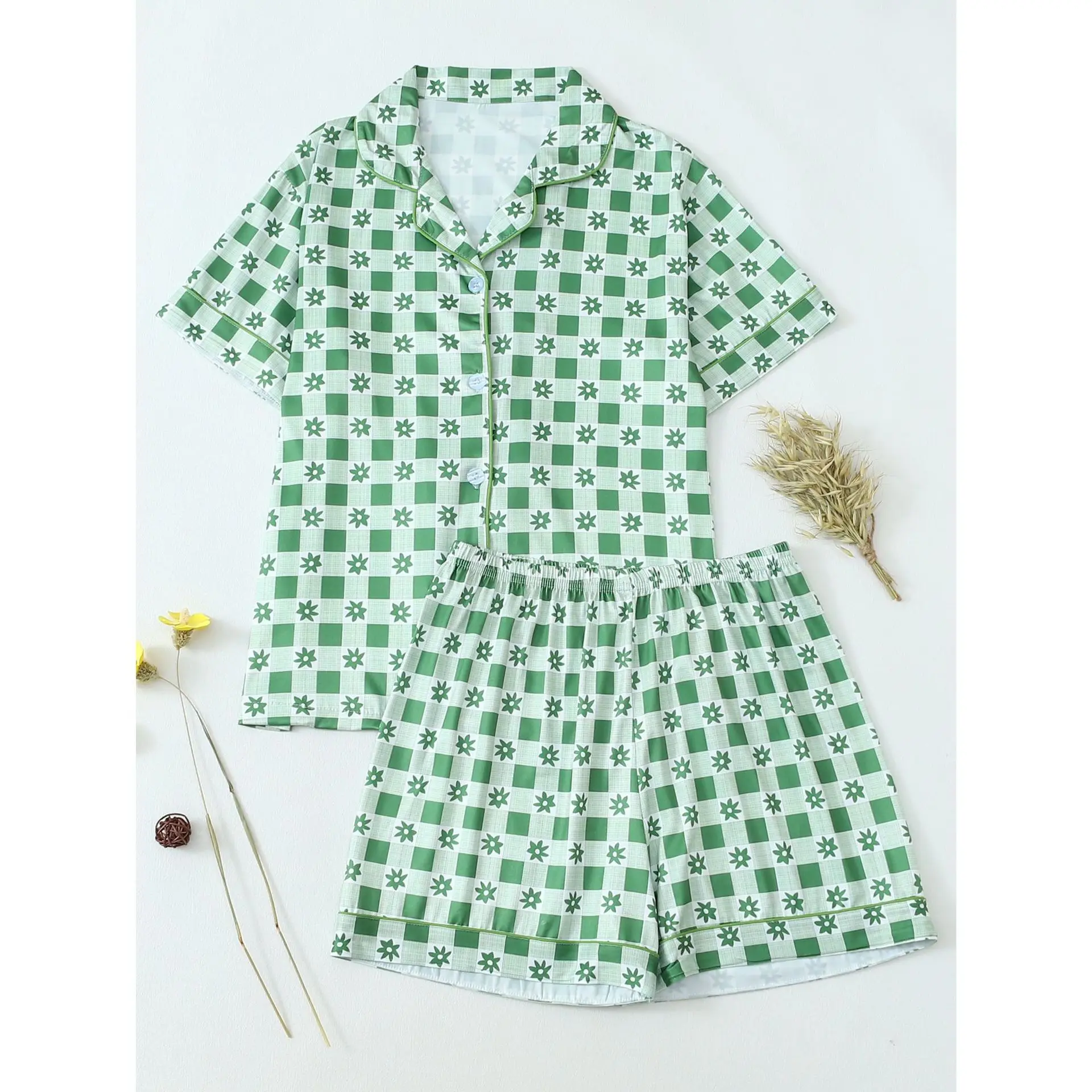 

Женские комплекты домашней одежды, кардиган с лацканами, клетчатый принт, летние шорты с короткими рукавами, удобный комплект домашней одежды для отдыха