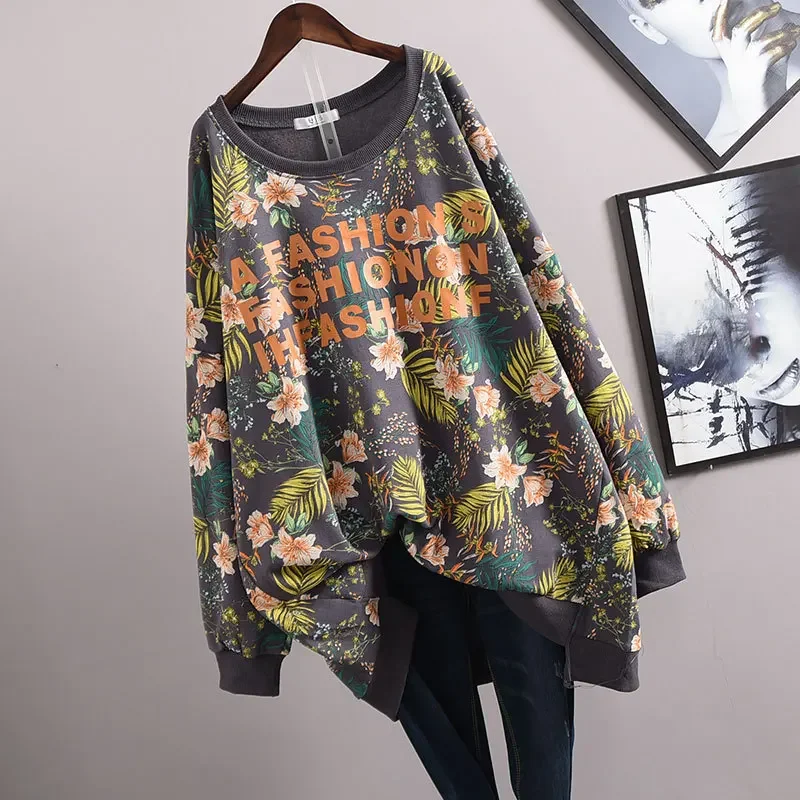 Camiseta retrô floral de comprimento médio de manga comprida feminina, blusa solta que combina com tudo, moda casual, tamanho grande, nova, outono 2023