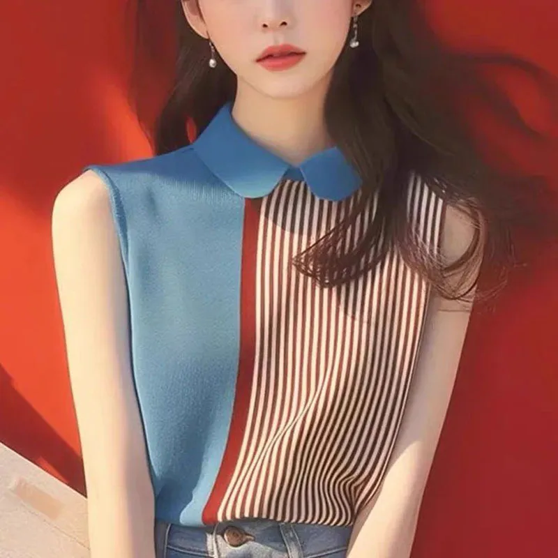 

Fashion Lapel Knitted Asymmetrical Striped T-Shirts Female Clothing Summer New Loose Sleeveless Chic Tops Korean Tee Shirt