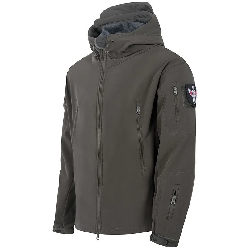 Herren Taktische Softshell-Jacke Militär Winddicht Wasserdicht mit Kapuze Fleece-Gefüttert Warme Oberbekleidung für Outdoor Jagd Wandern Camping – Detail 4