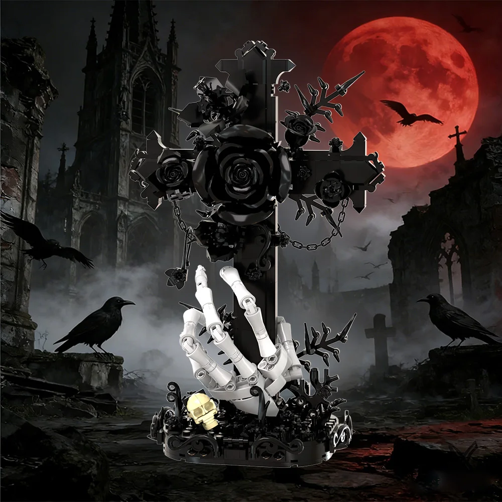 

MOC Black Vow Rose Cross Building Blocks Gothic 3D Skeleton Hand Design Home Decor Bricks Toy Adult Gift