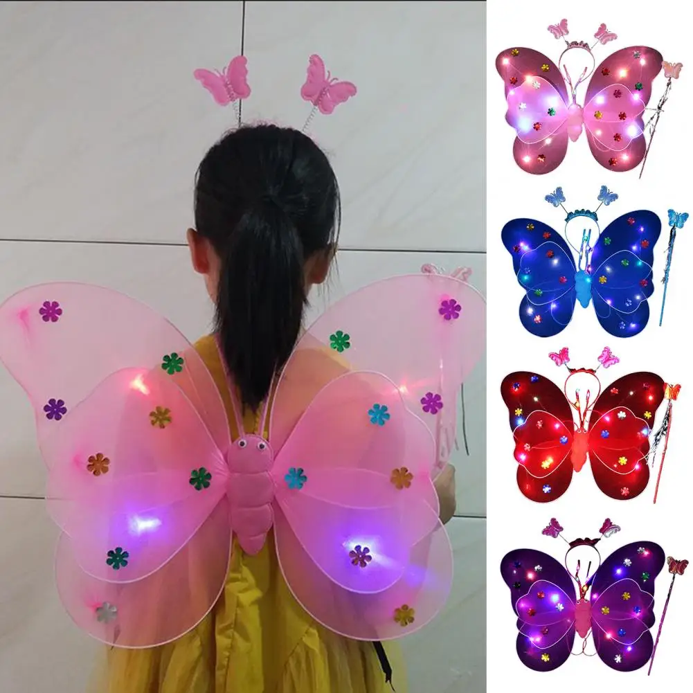 3Pcs/Set Glowing Butterfly Wing Colorful Lighting Head Band Angel Wand 20 LEDs Children Performance Props Girls Fairy Wing