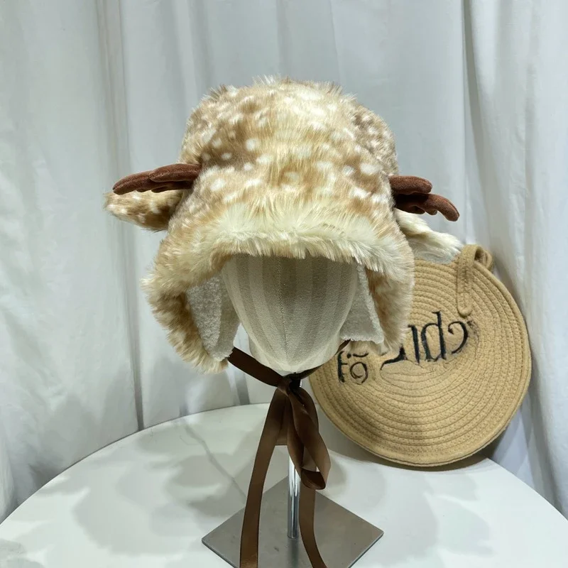 New Christmas Deer Plush Lace-up Pullover Hat Women Sweet Cute Antlers Keep Warm Autumn and Winter Plush Ear Protection Headband