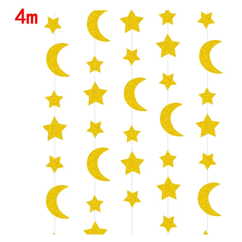 이드 무바라크 종이 갈 랜드 2m/4m 당겨 플래그 배너 골드 반짝이 문 스타 라마단 파티 생일 웨딩 장식