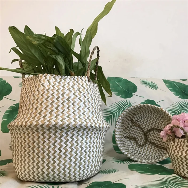 

ABUF-2Pcs Корзина для хранения Корзина для белья Плетеный подвесной цветочный горшок из ротанга Складные многофункциональные цветочные корзины