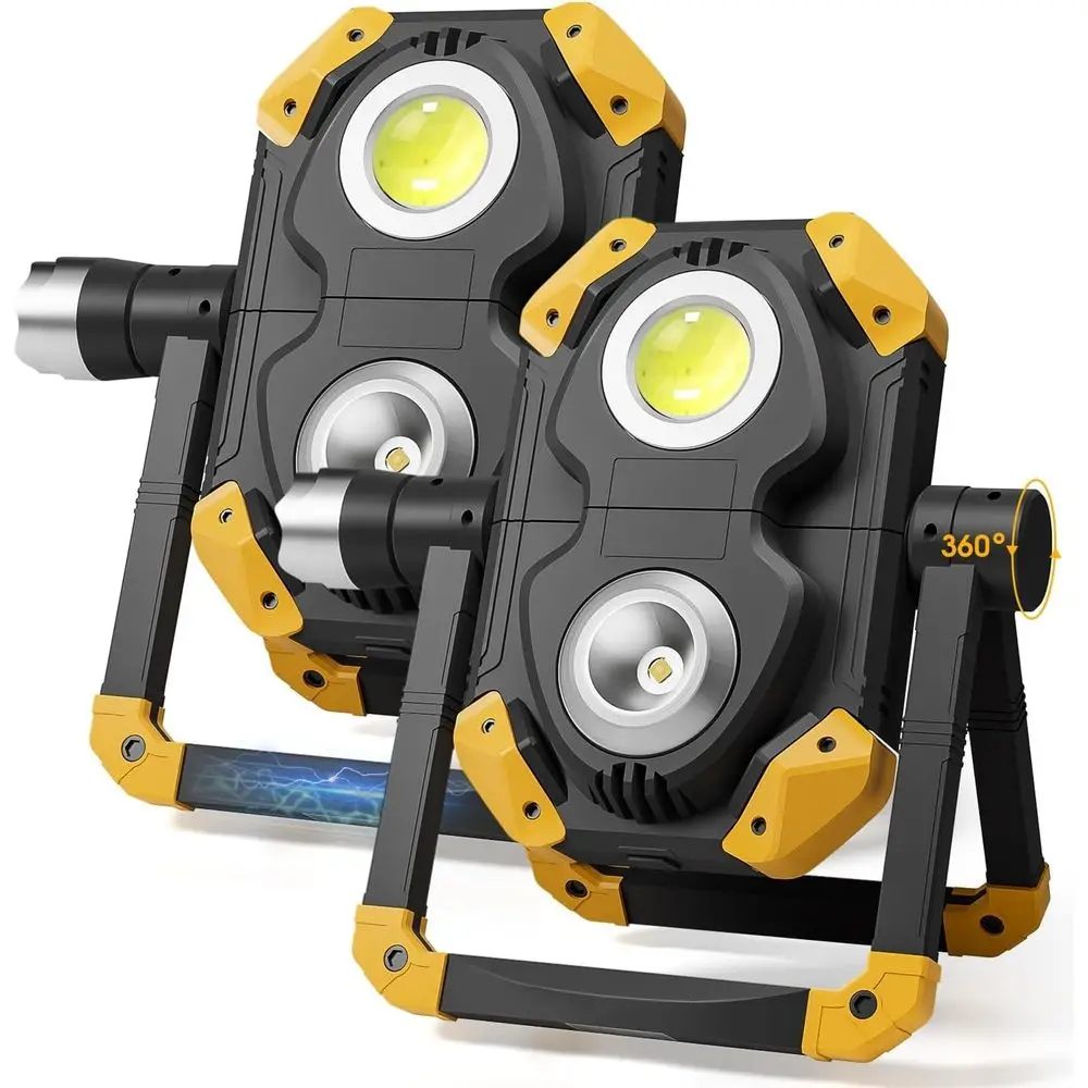 

2-Pack 2500LM Rechargeable LED Work Lights with 360° Rotating Stand and Folding Design for Emergency, Car Repair, Camping