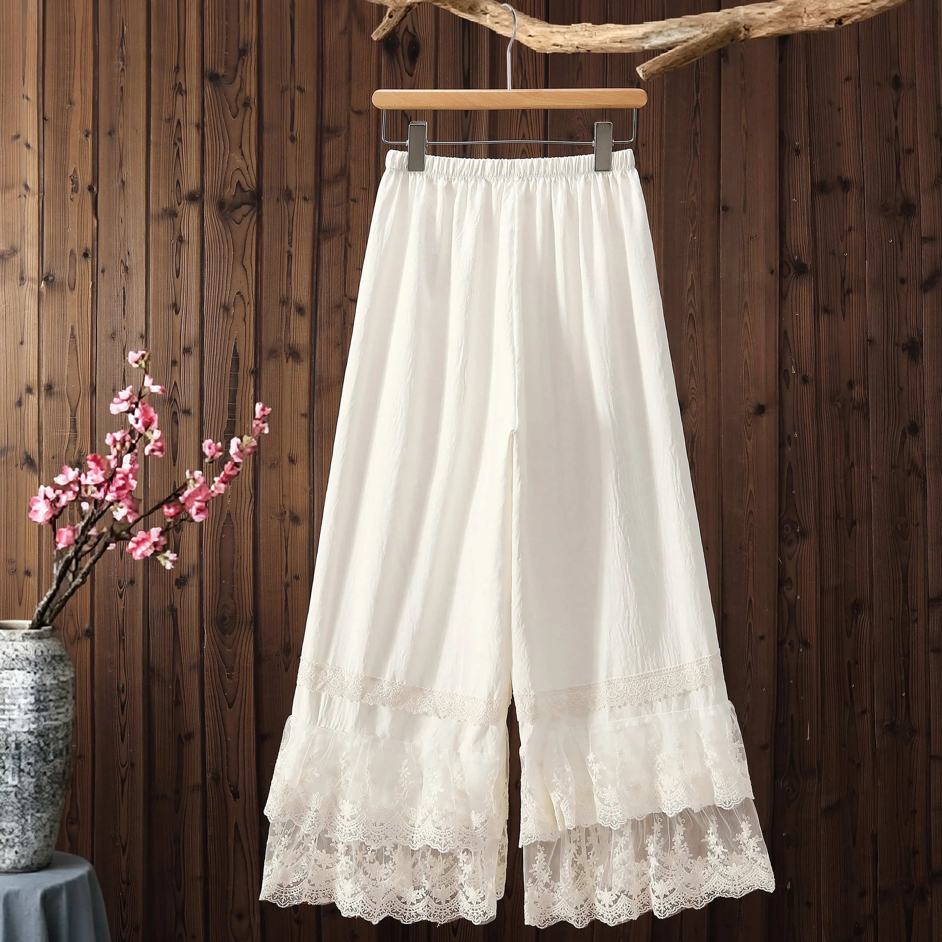 White Lace Trim Embroidered Net Wide Leg Pants Skirt Women's Hanfu  Anti-Light Long Trousers Layering Base Layer Pants