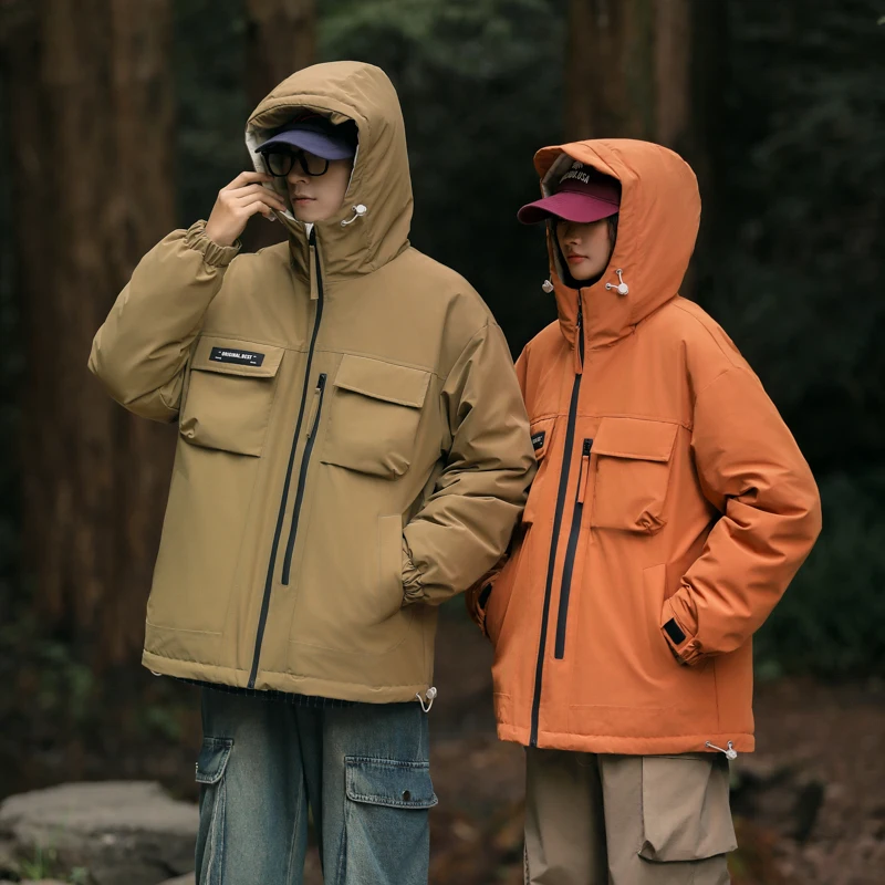 เสื้อแจ็คเก็ตกันลมกันหนาวไซส์ใหญ่บุผ้าฝ้ายสำหรับผู้ชาย เสื้อแจ็คเก็ตขนเป็ดสีขาวแบบมีฮู้ดสำหรับปีนเขา