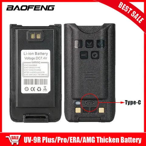 BAOFENG UV-9R 플러스 리튬 이온 배터리, 두꺼운 지지대 C 타입 충전, UV9RERA UV9RPRO UV9RAMG 워키토키와 호환 가능