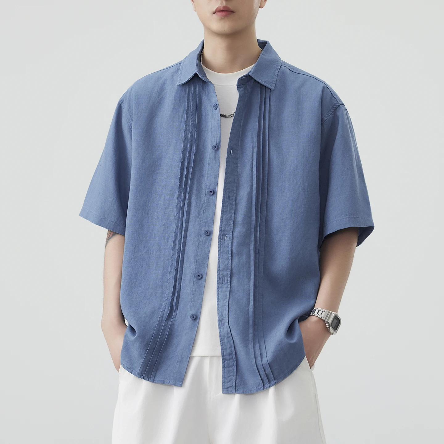 

Brand Clothing Spring Summer Linen Cotton Blend Men's Short Sleeve Shirt Old Money Loose Fit Casual Light Luxury Blue White