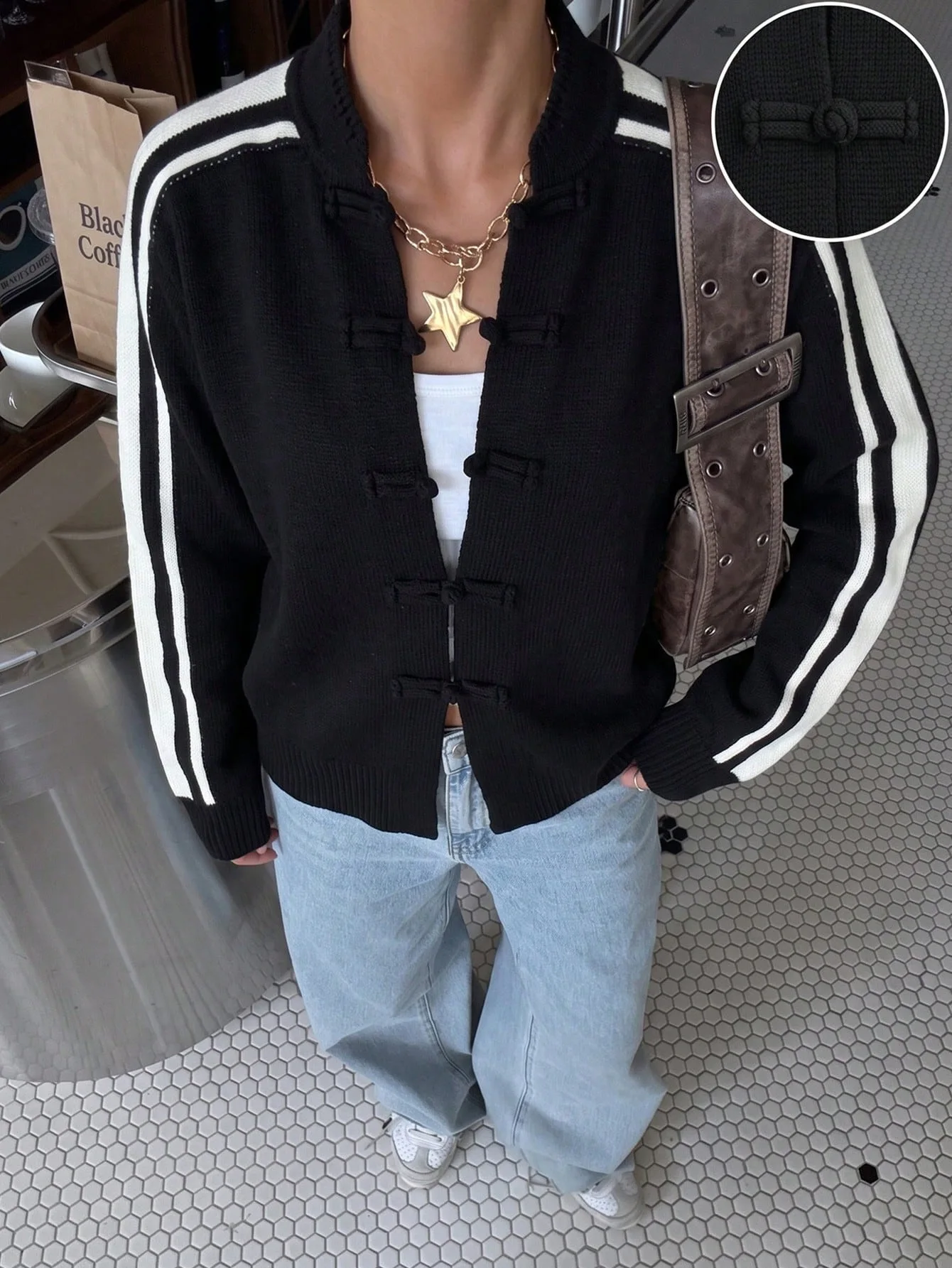 Retro National Style Knitted Jacket For Women Frog Buttons Striped Sleeve Loose Fit Light Blue Knit Cardigan Outerwears Black