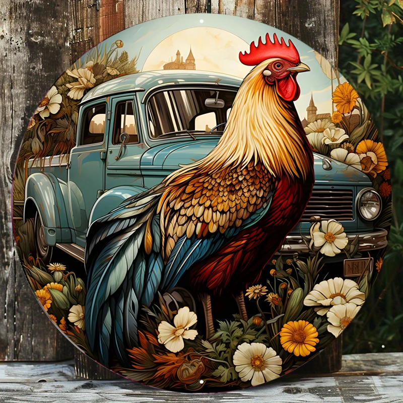

Vintage Farm Chicken Tin Plaque, Black Plaid Truck Metal Plaque, Retro Wall Door Decorative Wreath Sign， 8x8in, 11.8x11.8in 1pc