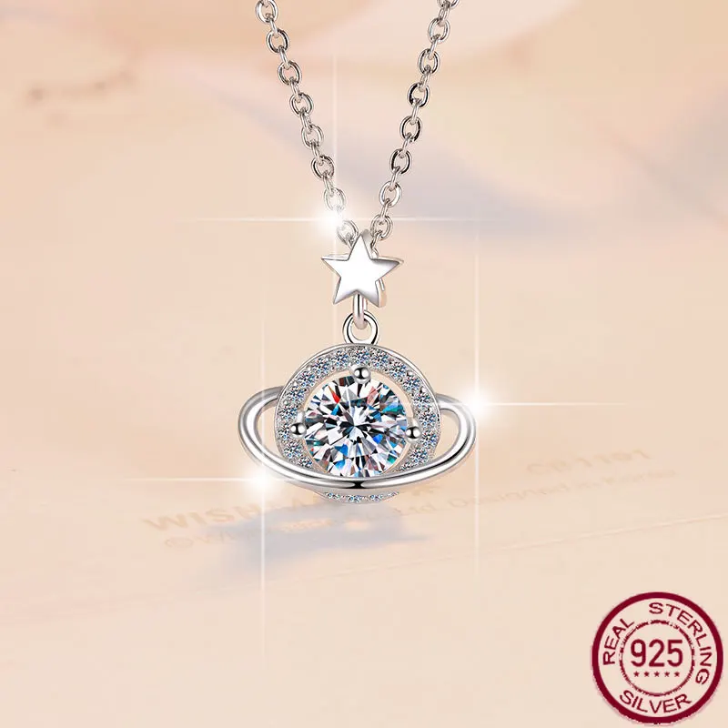 

New pure silver necklace, dreamy planet fashion pendant chain for women, 1 carat GRA moissanite jewelry wedding jewelry.