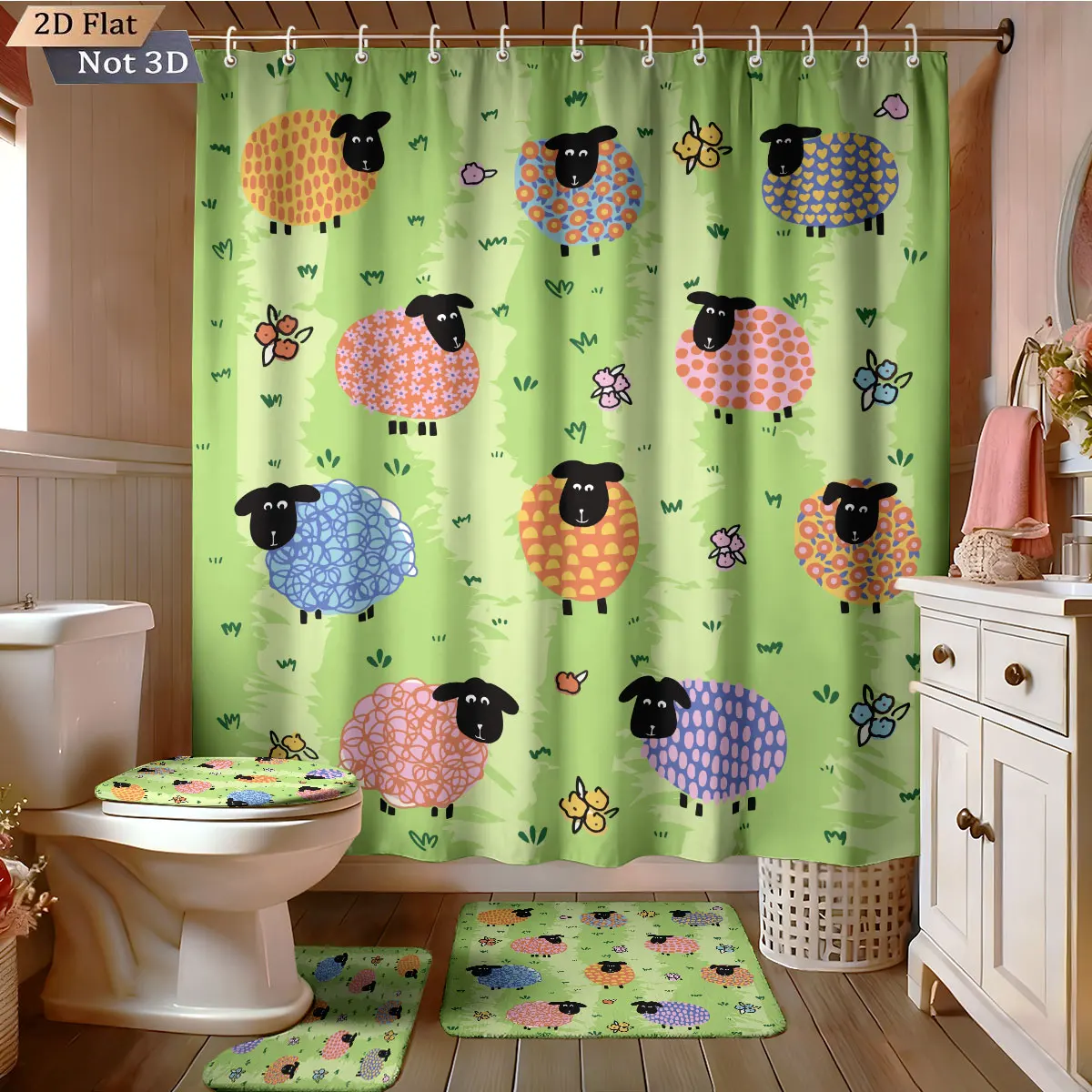 

Набор для ванной комнаты из 4 предметов с мультяшным принтом овец: водонепроницаемая шторка для душа 180x180, коврик для пола, U-образный коврик для унитаза