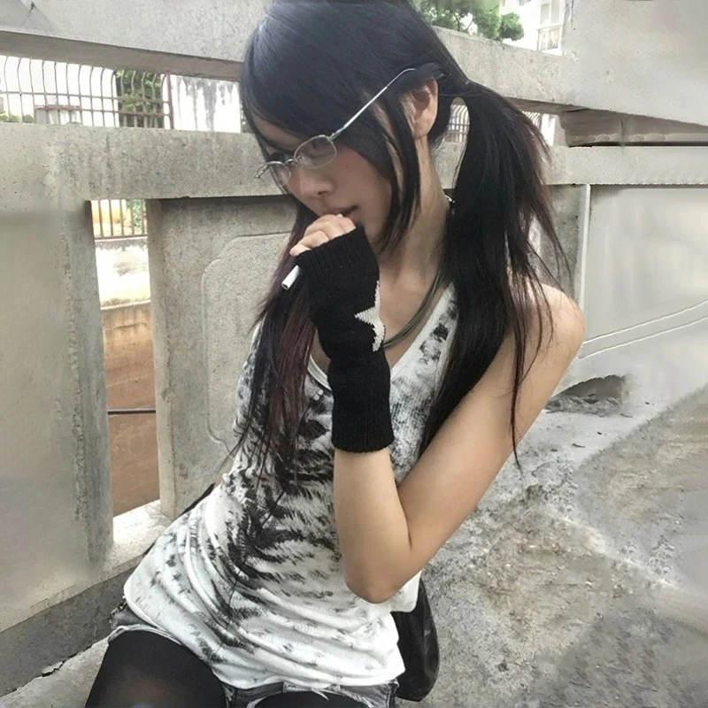 Grunge-Ästhetik Tie-Dye Tanktop Trashy 2000er-Stil Langes Tanktop Japanischer Y2k Ärmelloser Top Gothic Vintage Streetwear