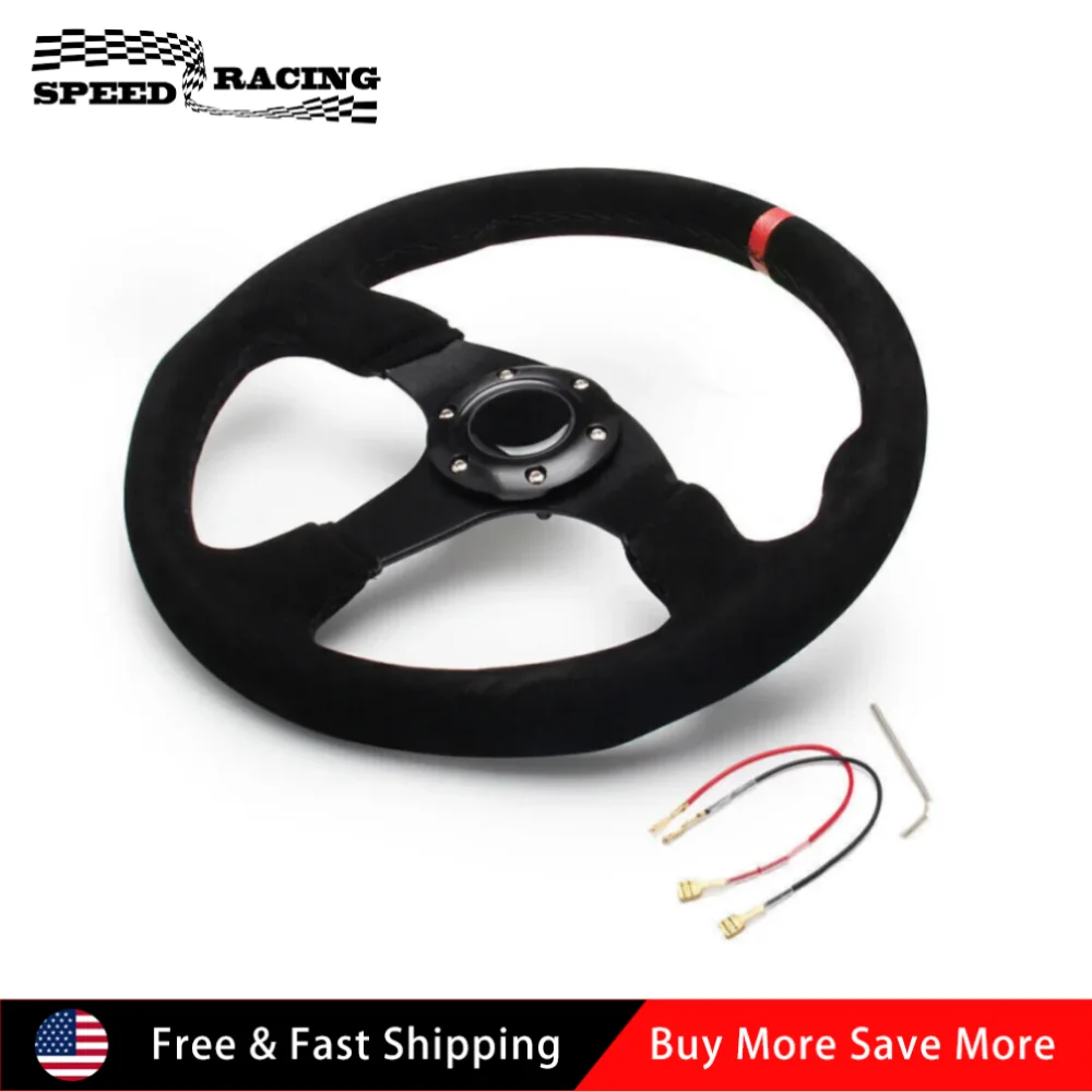 

Высокое качество 14-дюймовый 350-мм автомобильный красный гоночный замшевый руль из кожи и алюминиевого сплава, плоский с кнопкой звукового сигнала, красный