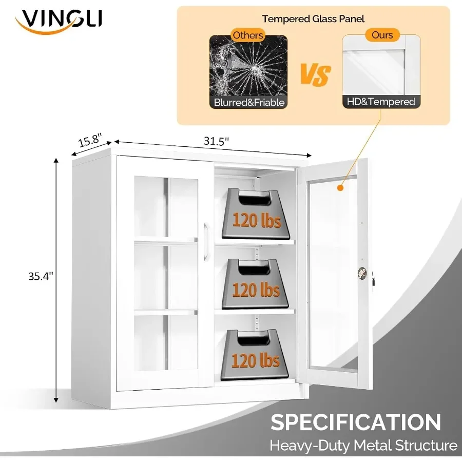 Lockable Display Cabinet for home office living room pantry garage, metal, black, with 3 adjustable shelves and secure locking