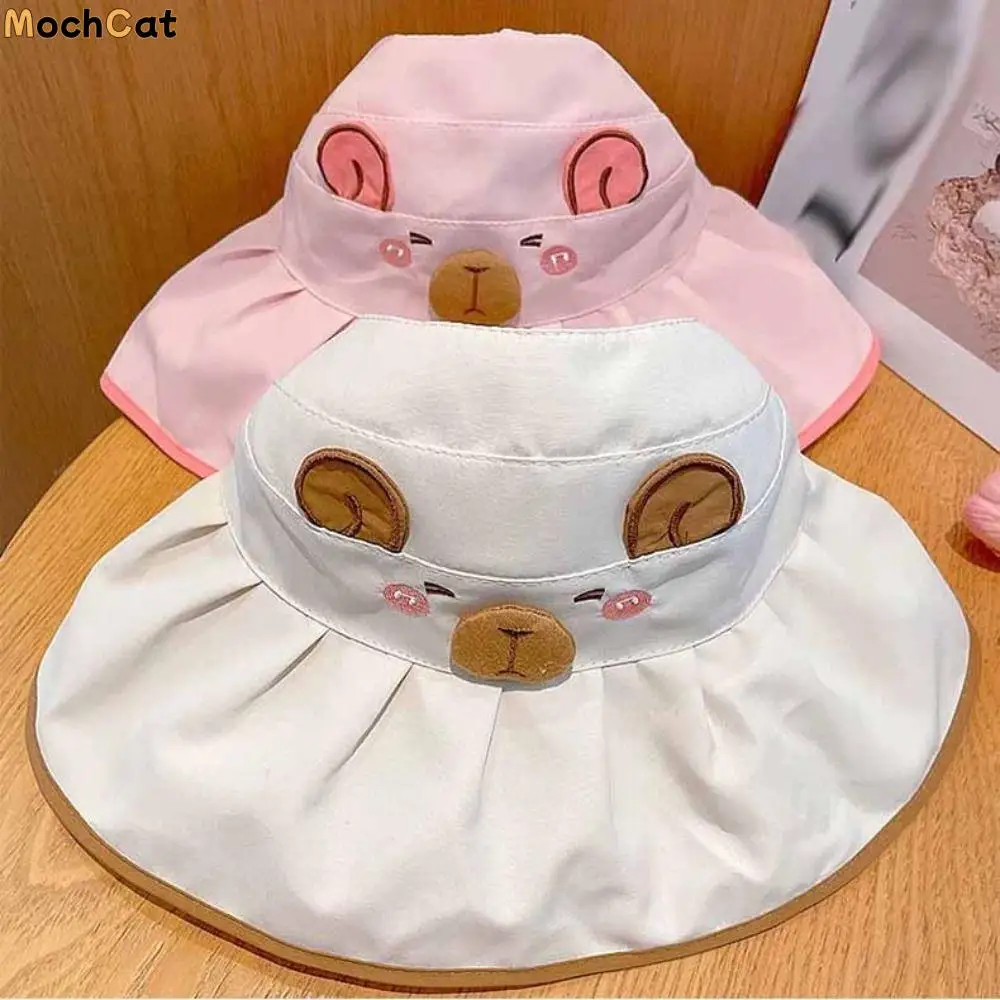 

Korean Style Cartoon Capybara Bucket Hat Solid Color Shading Hat Summer Kid Sunhat Anti-UV Sun Hat Quick-dry