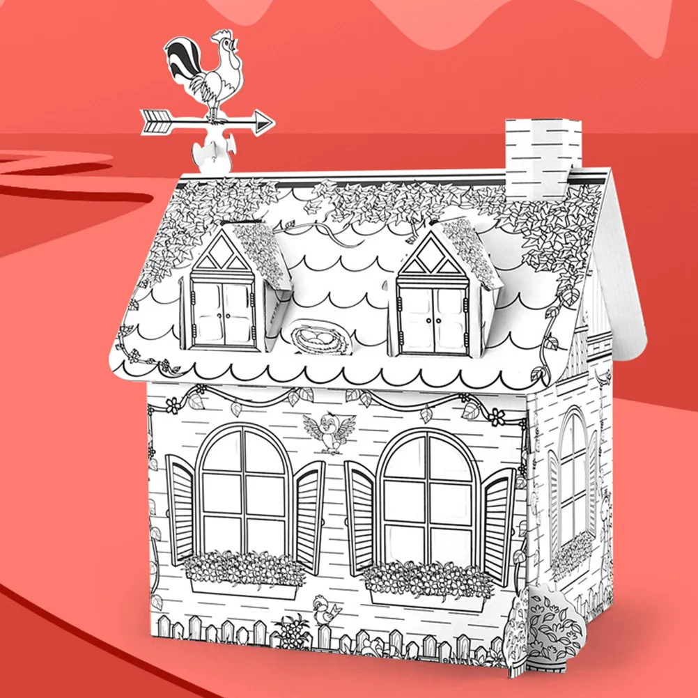 1セット落書きDIY描画パズル3Dヴィラ型塗り絵クラフトキット子供向け手作り組み立てセット